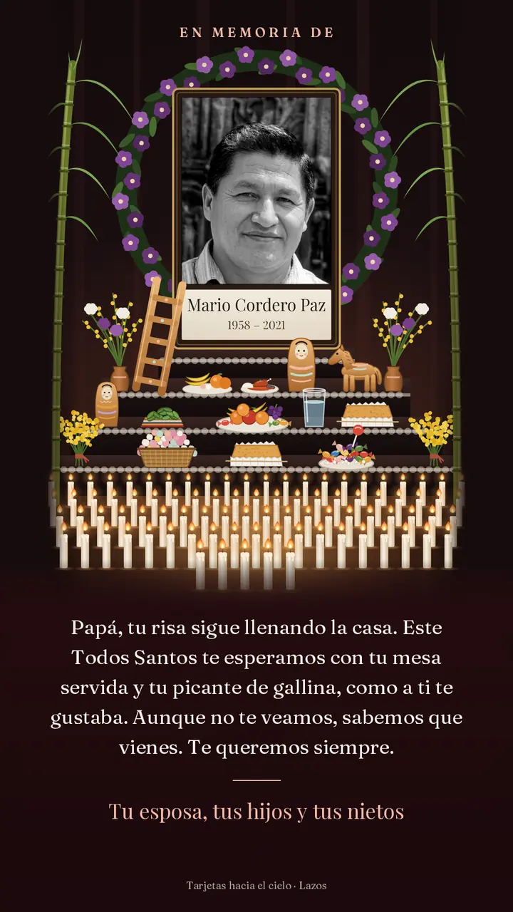 Tarjeta hacia el cielo de ejemplo, de Mario Cordero Paz, 1958 – 2021: su foto en un altar de Todos Santos con velas, y la frase de su familia.
